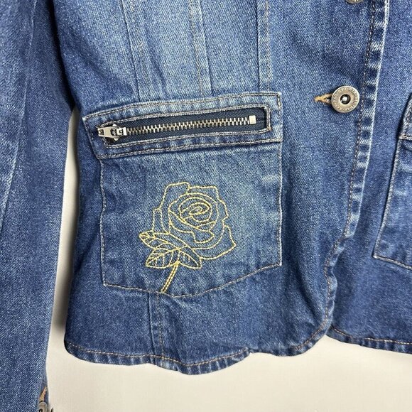 VTG Rave Denim Jacket Junior Sz Med Blue Long-Sleeve Embroidery Pocket Crop 90s - Picture 2 of 10